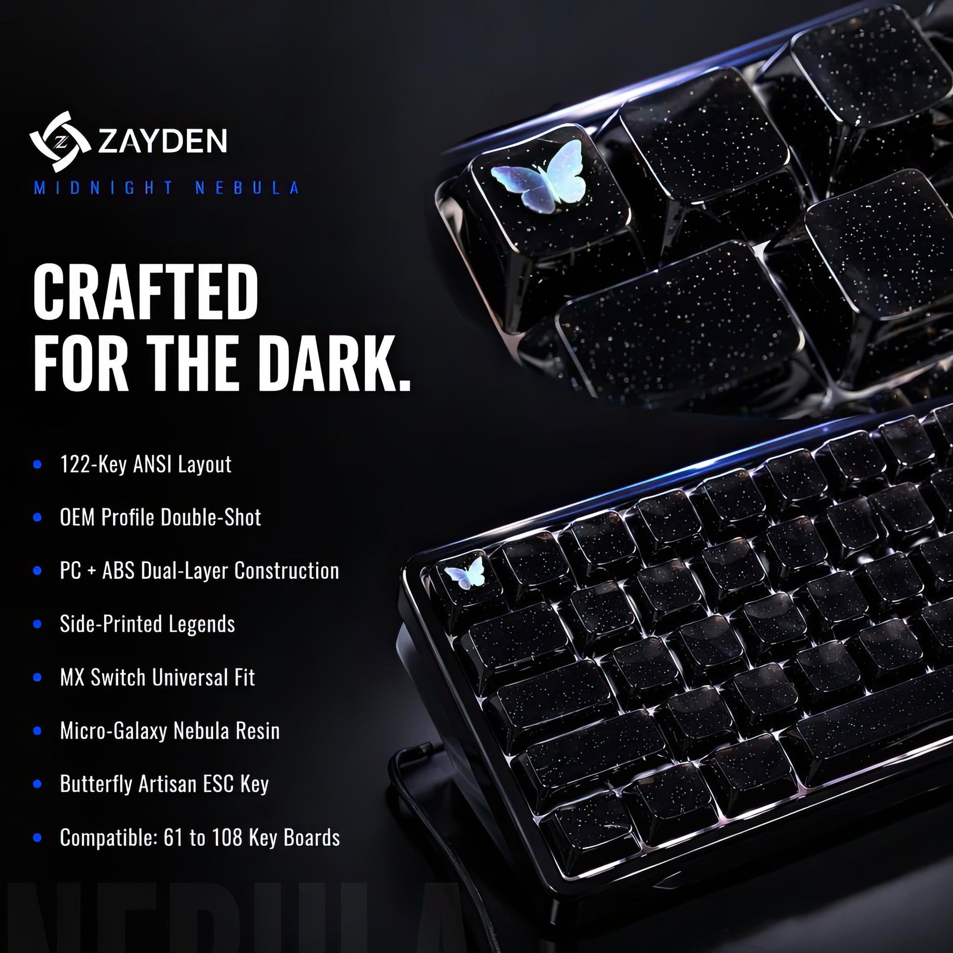 Zayden keycap with butterfly key on a dark background, featuring product details.