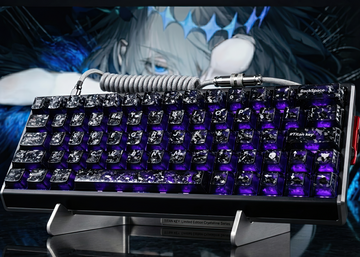 Glowing mechanical keyboard with transparent carbon forged keycaps on a dark background