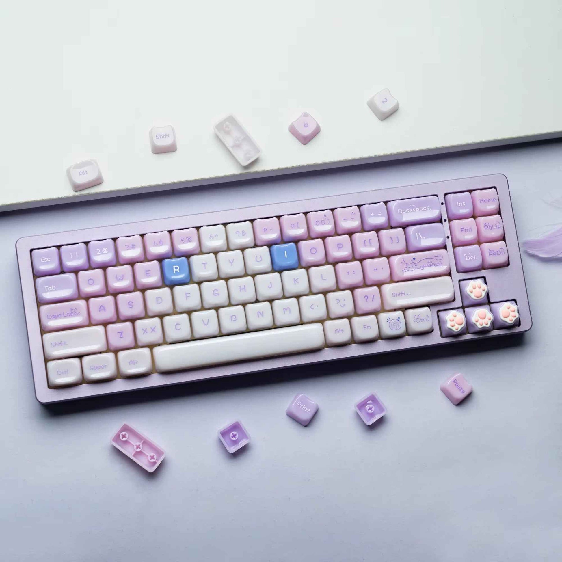 ZayDen 'Purrfect-Type' Series | MAO Profile PBT Keycaps in Lavender Cat