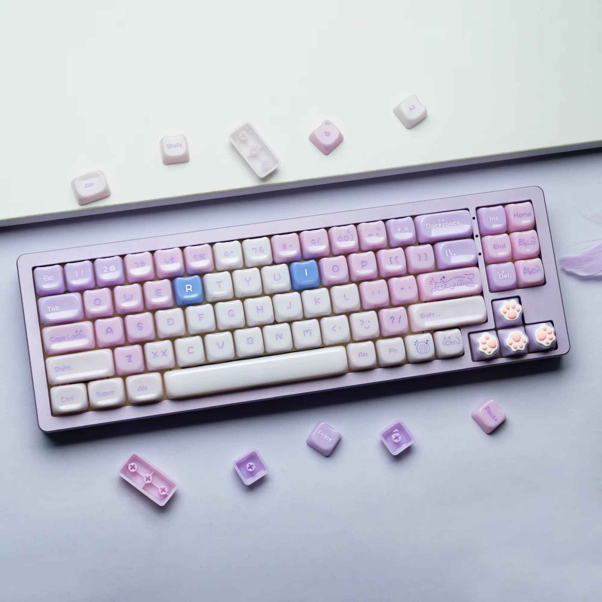 ZayDen 'Purrfect-Type' Series | MAO Profile PBT Keycaps in Lavender Cat