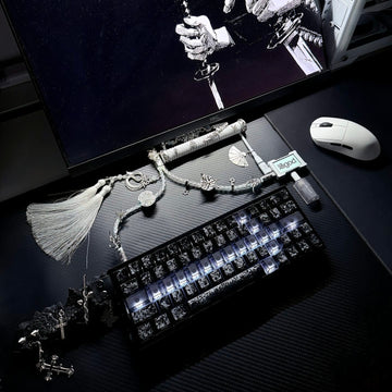 Dark-themed desk setup with a computer monitor, keyboard, mouse, and decorative items.