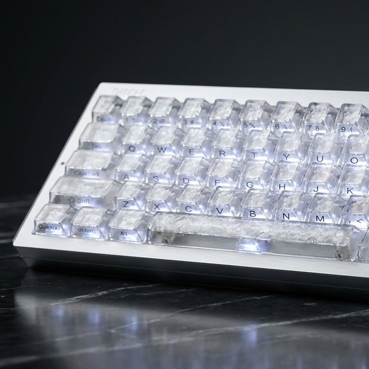 Transparent keyboard with white frame on a reflective surface