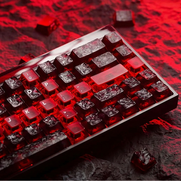 Mechanical keyboard with red backlit keys on a red and black textured surface and carbon keycaps